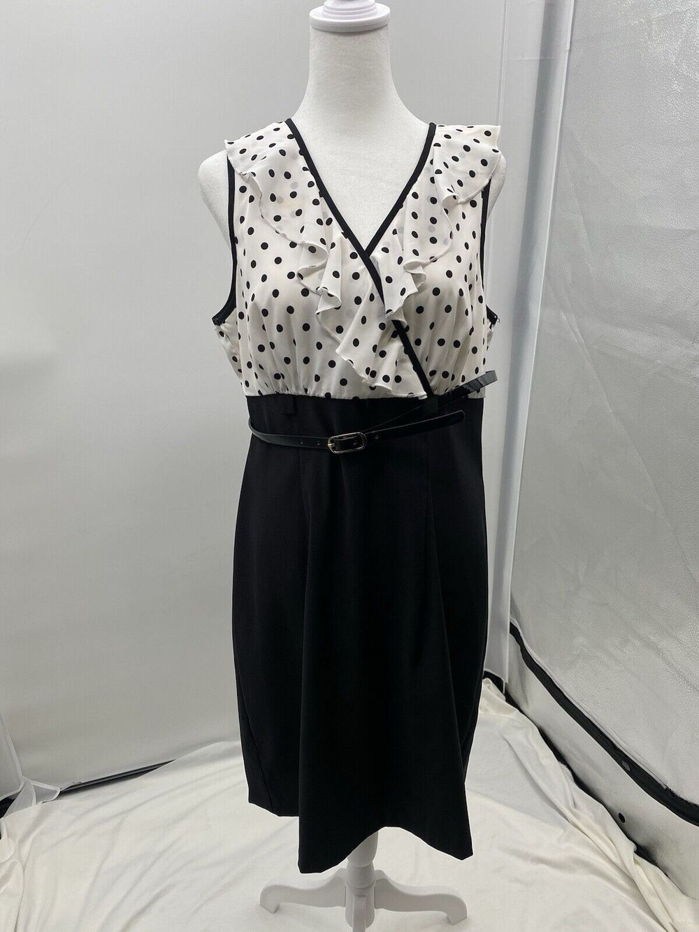 Alyx Limited Dress White Black Polka Dot Sleeveless Sheath Empire Waistband 14